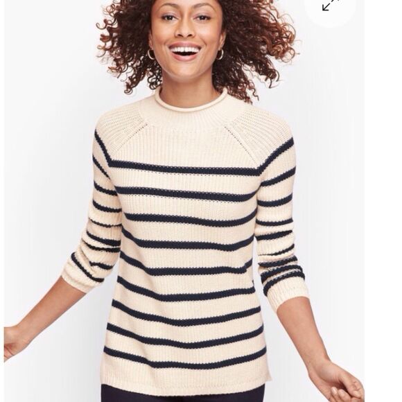 Talbots Cotton Shaker Stitch Roll Neck Sweater Navy Blue Stripe Womens 2X Petite - Picture 2 of 7